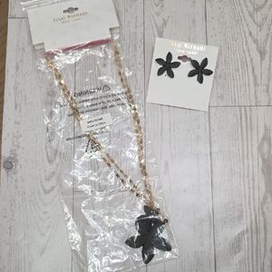 Isaac Mizrahi Black and Gold Flower Necklace and Earrings Set